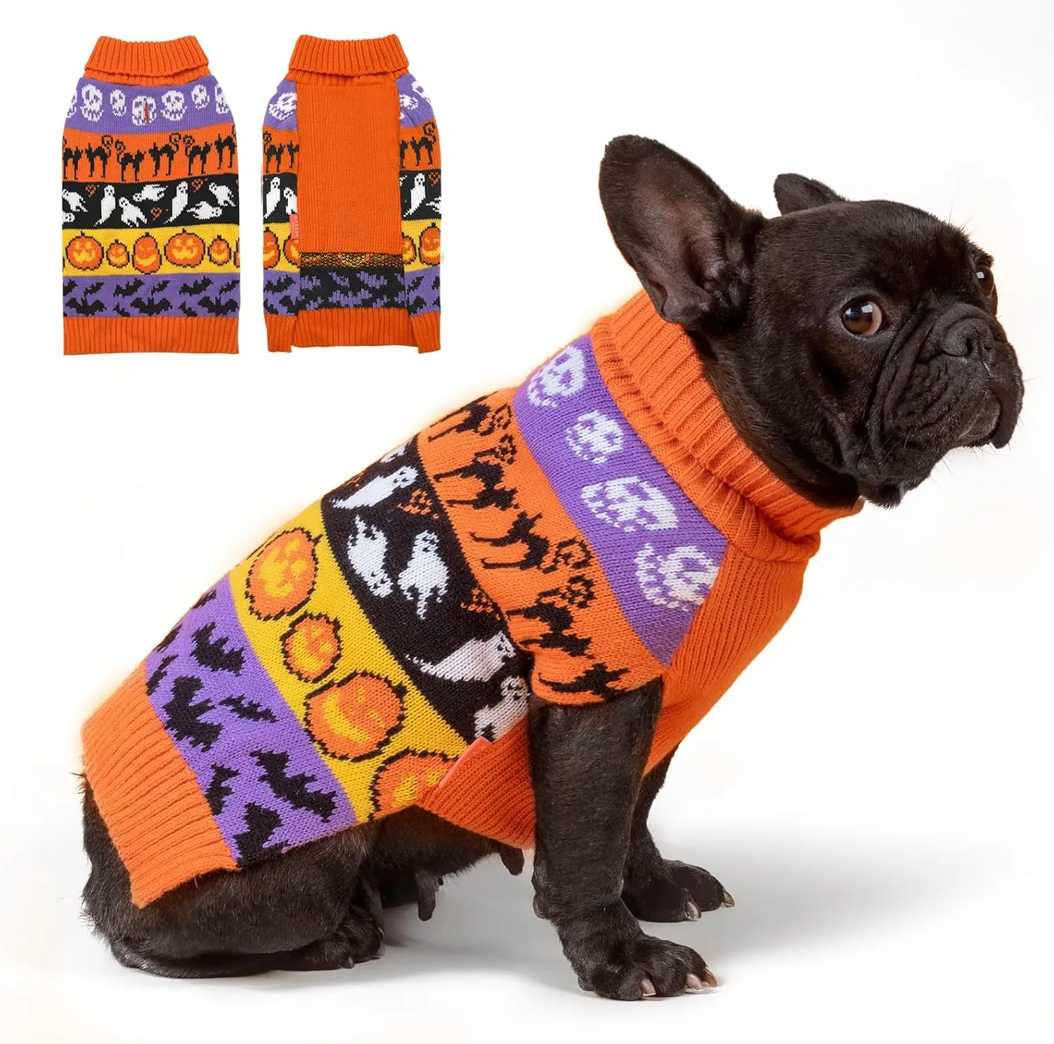 KYEESE Halloween Dog Sweater for Small Dogs Pumpkin Ghost Dogs Knitwear Turtleneck Dog Apparel, S