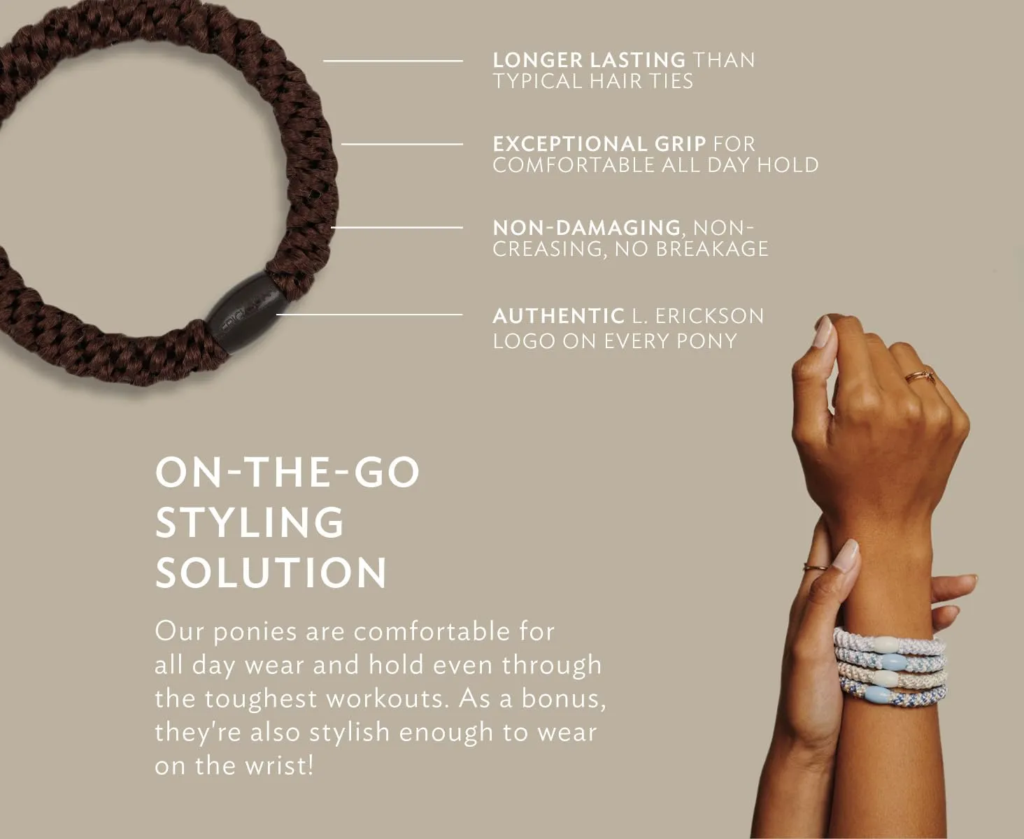 L. Erickson U.S.A. Hair Ties, Coffee Brown, 8 Count - Grab & Go Ponytail Holders - No Damage Hair Bands for Women - Hair Accessories