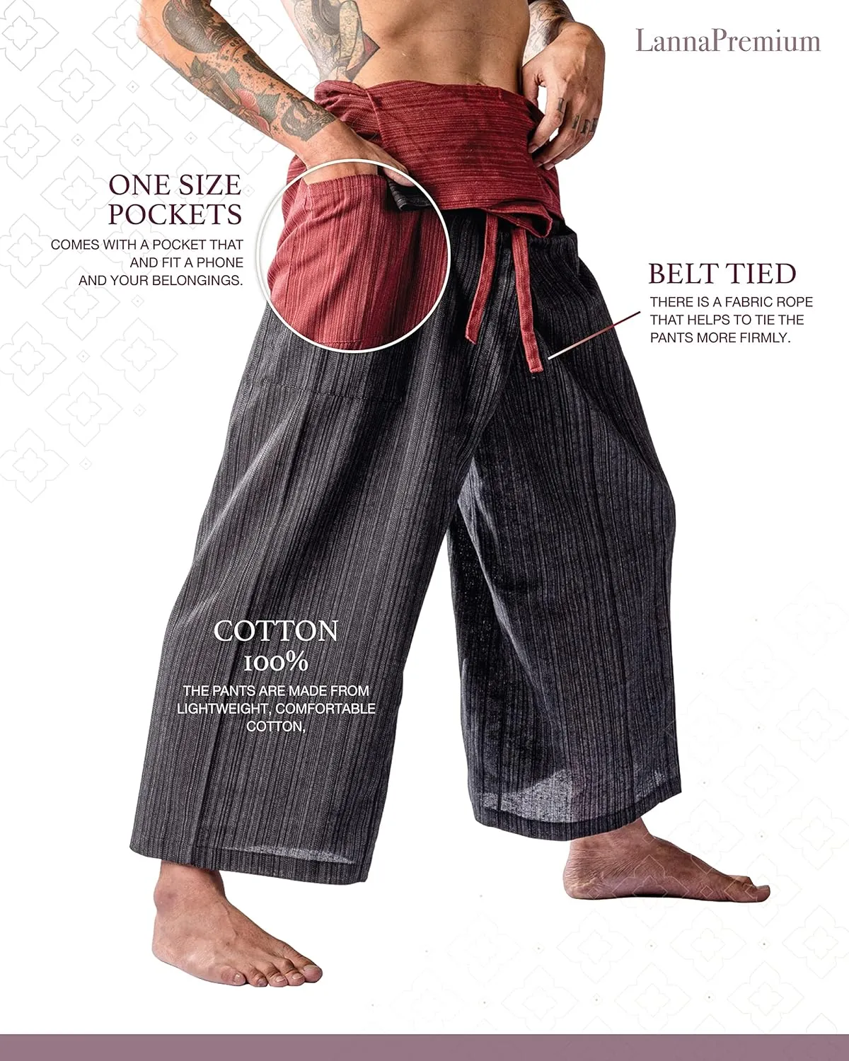 LannaPremium Thai Fisherman Pants Hakuma Pants for Men Women Yoga Pants 2 Tone - Martial Arts Pants