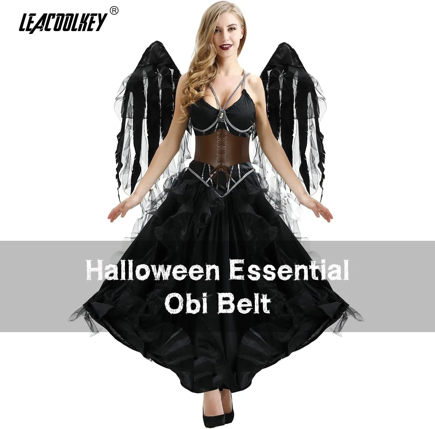 LEACOOLKEY Women Black Tied Waspie Belt, Lace-up Cinch Belt, Corset Elastic Waist Belt