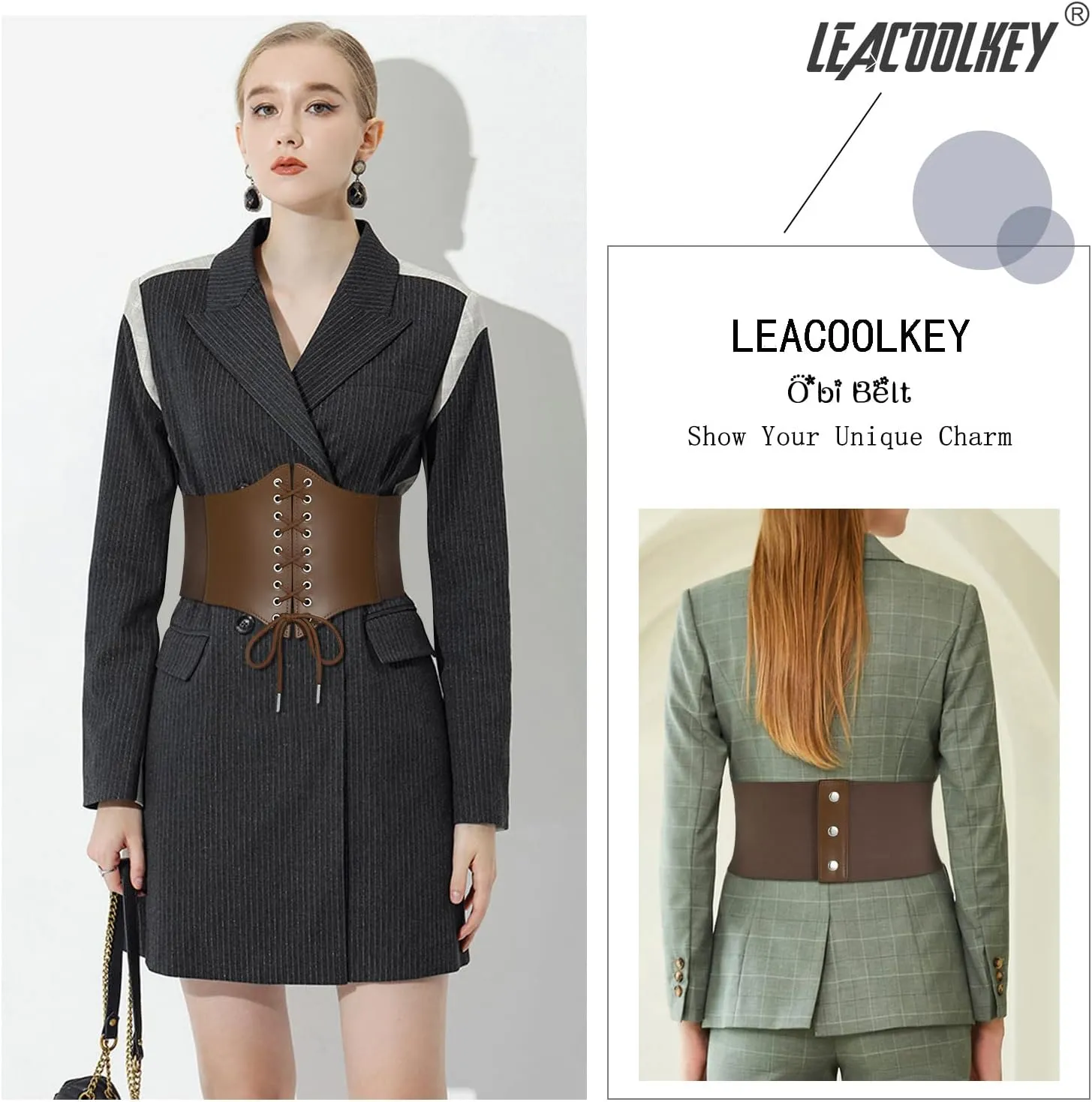 LEACOOLKEY Women Black Tied Waspie Belt, Lace-up Cinch Belt, Corset Elastic Waist Belt