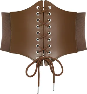 LEACOOLKEY Women Black Tied Waspie Belt, Lace-up Cinch Belt, Corset Elastic Waist Belt