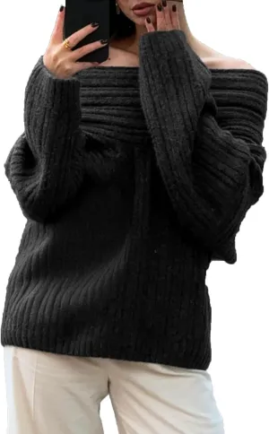LETSVDO Women's Off The Shoulder Sweater Oversized Batwing Sleeve Knit Asymmetrical Chunky Slouchy Pullover Sweaters