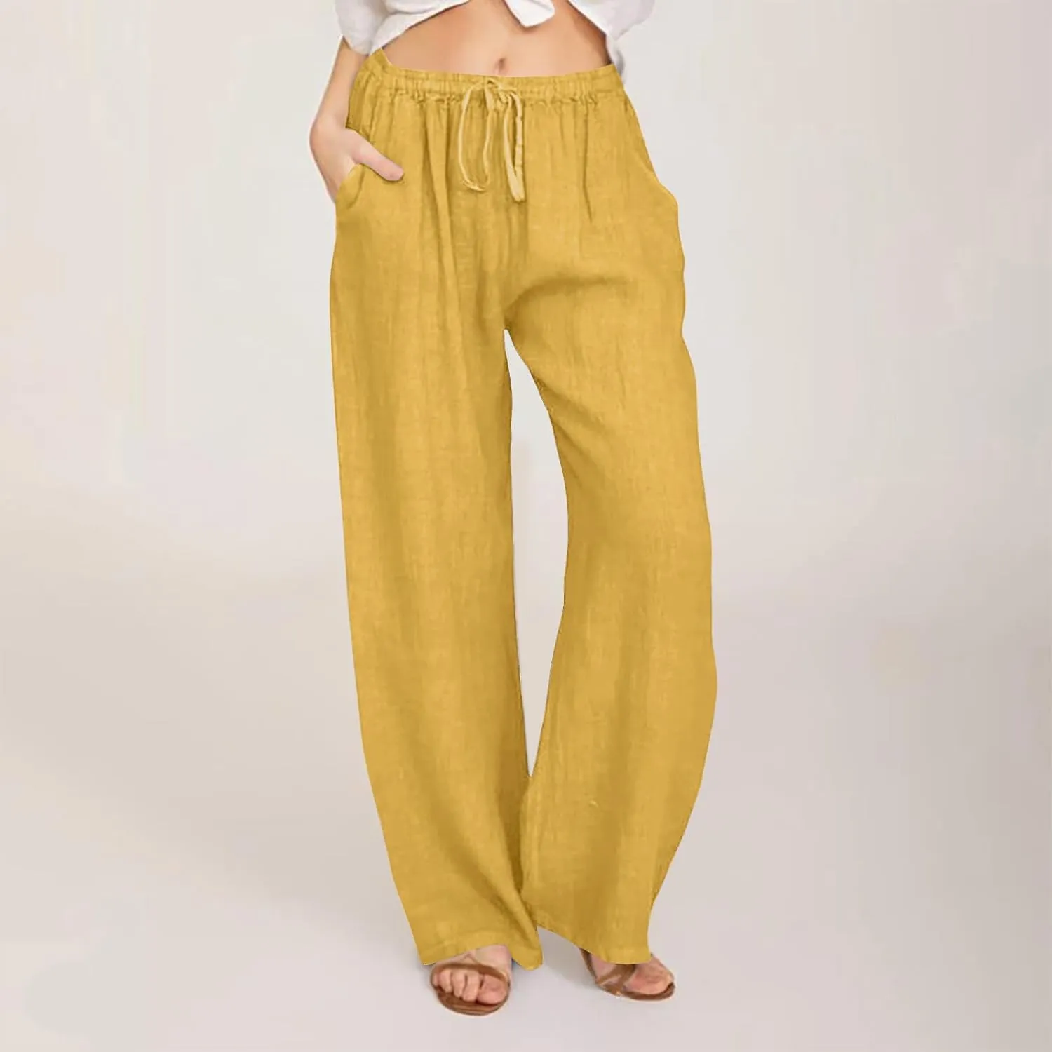 Linen Pants Women Summer Wide Leg Baggy Pants Drawstring Lounge Pants Lightweight Trousers Casual Solid Color Pants