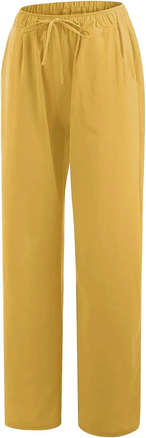 Linen Pants Women Summer Wide Leg Baggy Pants Drawstring Lounge Pants Lightweight Trousers Casual Solid Color Pants
