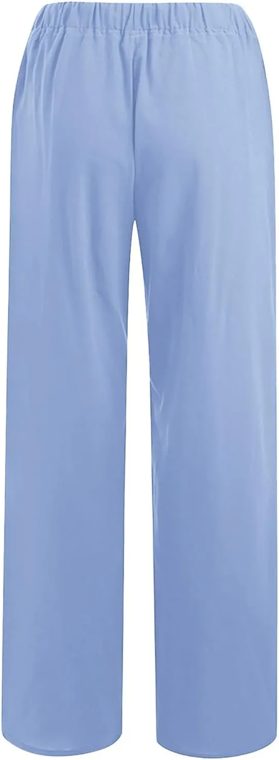 Linen Pants Women Summer Wide Leg Baggy Pants Drawstring Lounge Pants Lightweight Trousers Casual Solid Color Pants