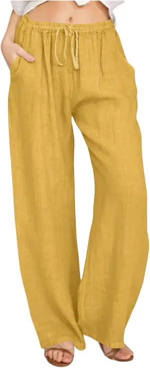 Linen Pants Women Summer Wide Leg Baggy Pants Drawstring Lounge Pants Lightweight Trousers Casual Solid Color Pants