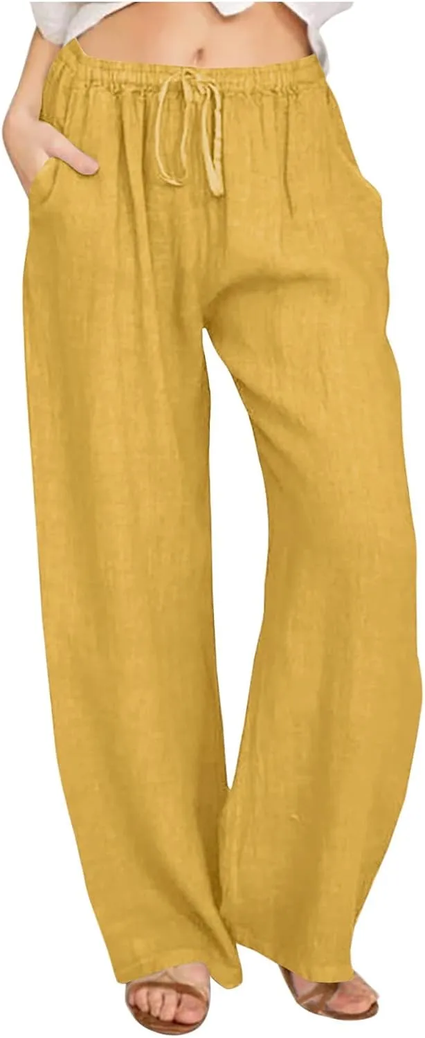 Linen Pants Women Summer Wide Leg Baggy Pants Drawstring Lounge Pants Lightweight Trousers Casual Solid Color Pants