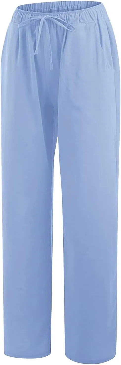 Linen Pants Women Summer Wide Leg Baggy Pants Drawstring Lounge Pants Lightweight Trousers Casual Solid Color Pants