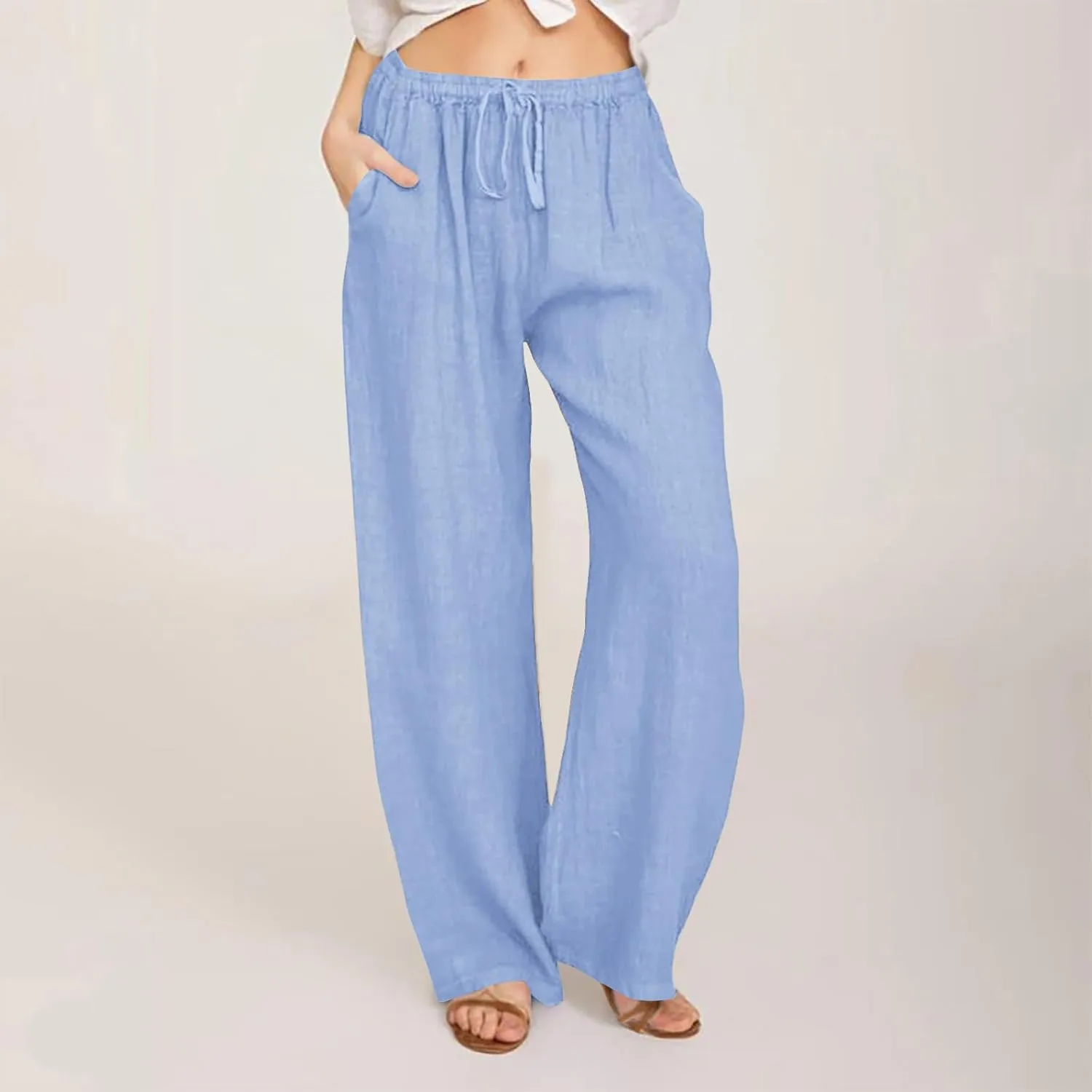 Linen Pants Women Summer Wide Leg Baggy Pants Drawstring Lounge Pants Lightweight Trousers Casual Solid Color Pants