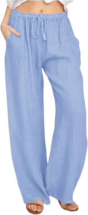 Linen Pants Women Summer Wide Leg Baggy Pants Drawstring Lounge Pants Lightweight Trousers Casual Solid Color Pants