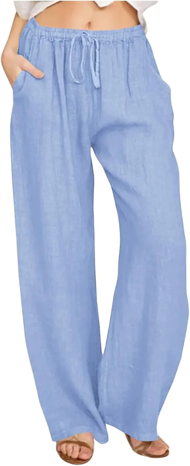 Linen Pants Women Summer Wide Leg Baggy Pants Drawstring Lounge Pants Lightweight Trousers Casual Solid Color Pants