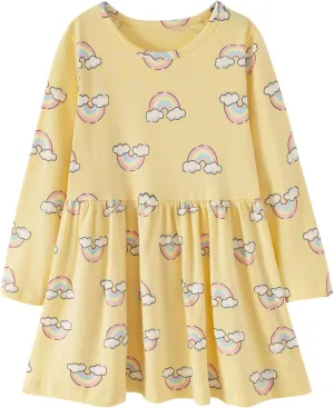 Little Girls Cotton Long Sleeve Casual Dress Toddler Kids Cartoon Floral Print Jersey Dresses 24M-7Yrs