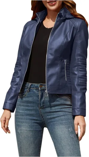 Lmdudan Faux Leather Jacket Women Motorcycle Coat for Biker with Removable Hood Plus Size Zip Up Long Sleeve Outwear Tops