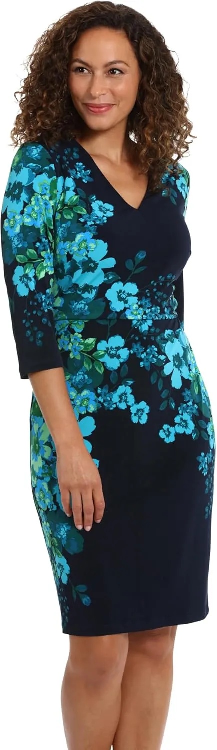 London Times Women's Flattering V-Neck 3/4 Sleeve Sheath Above The Knee