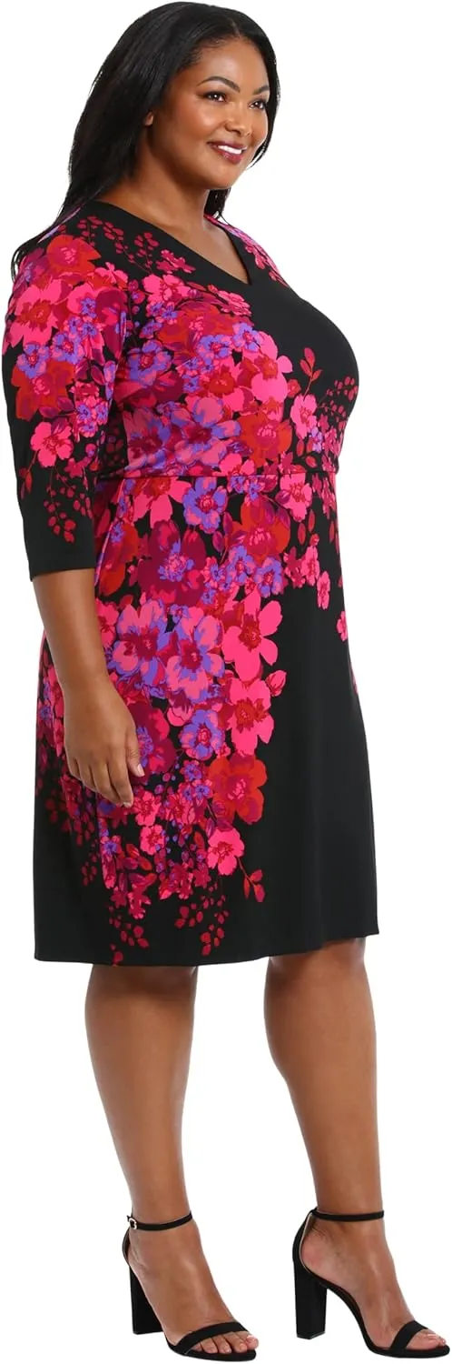 London Times Women's Flattering V-Neck 3/4 Sleeve Sheath Above The Knee