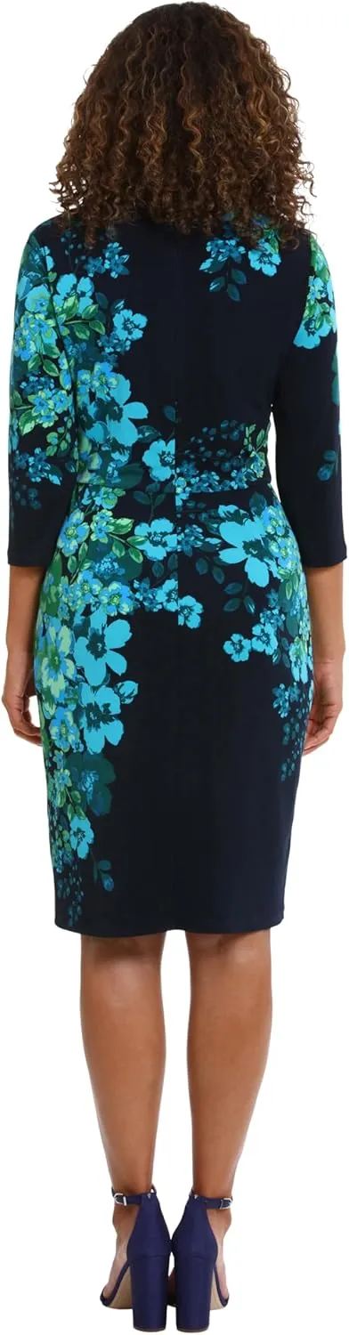 London Times Women's Flattering V-Neck 3/4 Sleeve Sheath Above The Knee