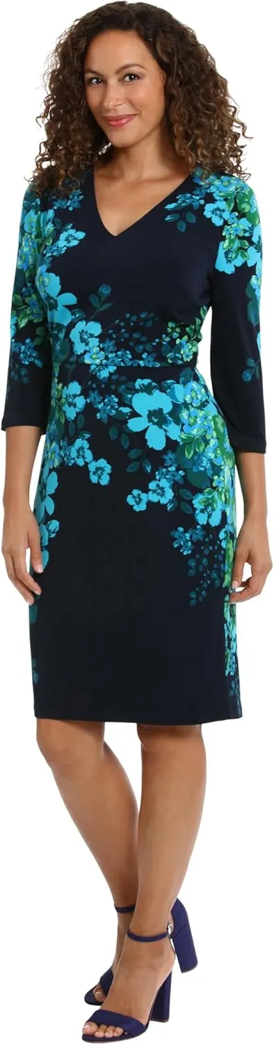 London Times Women's Flattering V-Neck 3/4 Sleeve Sheath Above The Knee