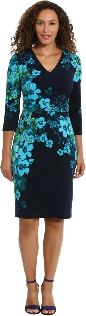 London Times Women's Flattering V-Neck 3/4 Sleeve Sheath Above The Knee