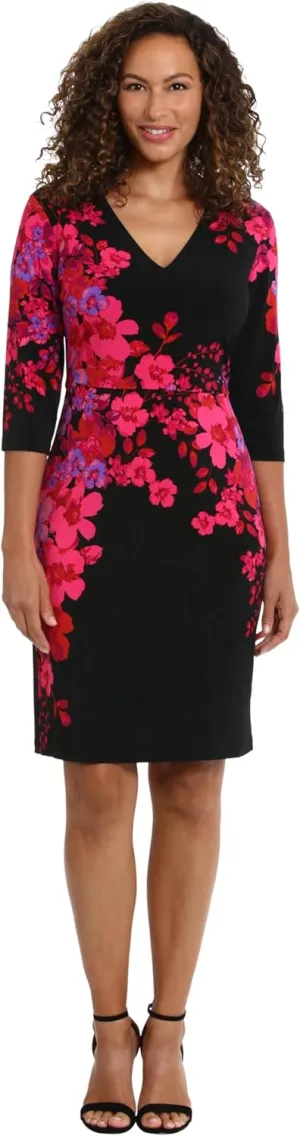 London Times Women's Flattering V-Neck 3/4 Sleeve Sheath Above The Knee