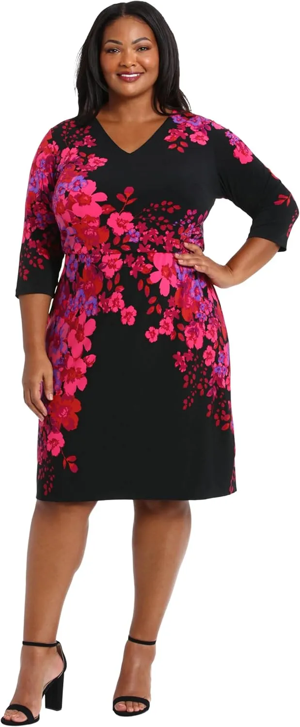 London Times Women's Flattering V-Neck 3/4 Sleeve Sheath Above The Knee