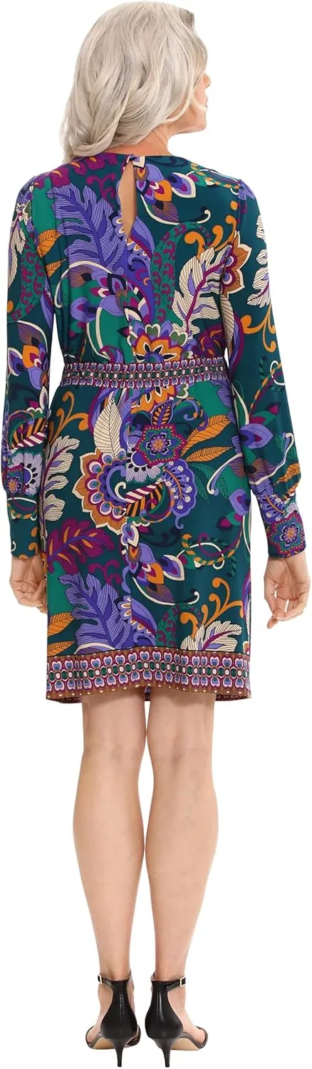 London Times Women's Statement Print Belted Long Sleeve Jersey Dress