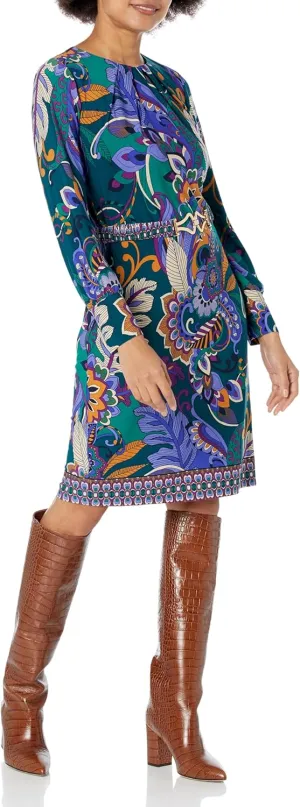 London Times Women's Statement Print Belted Long Sleeve Jersey Dress