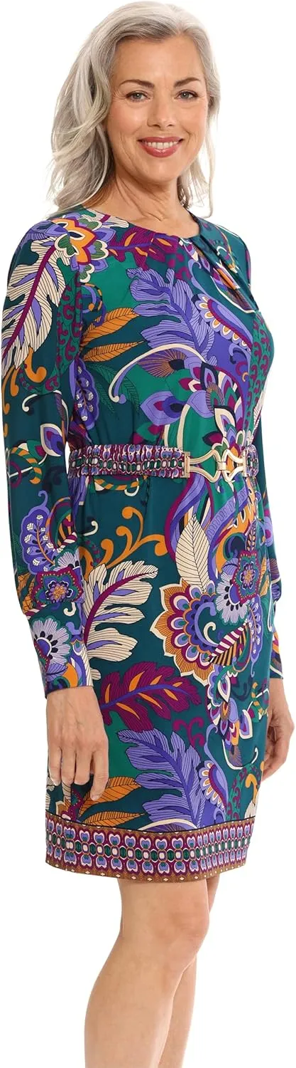 London Times Women's Statement Print Belted Long Sleeve Jersey Dress