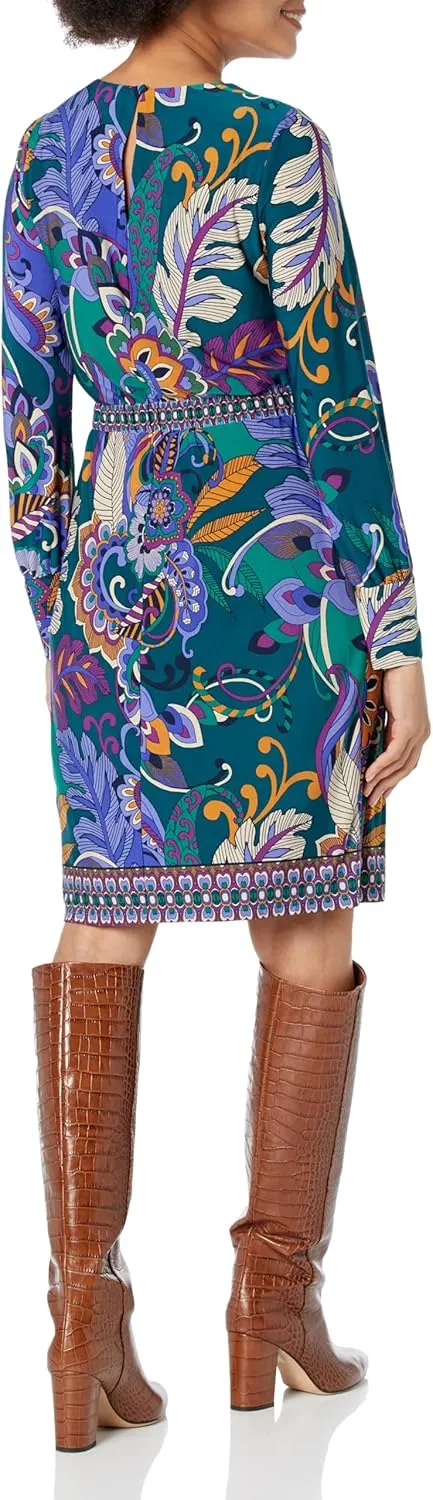 London Times Women's Statement Print Belted Long Sleeve Jersey Dress