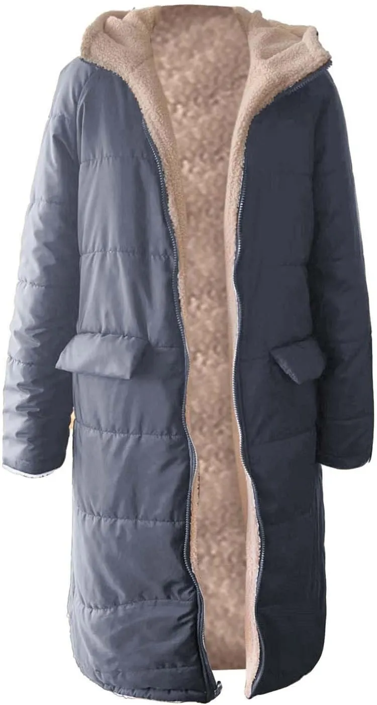 Long Puffer Coat Women Casual Reversible Fleece Jacket Coats Loose Fit Windbreaked Winter Oversized Outfits Hooded