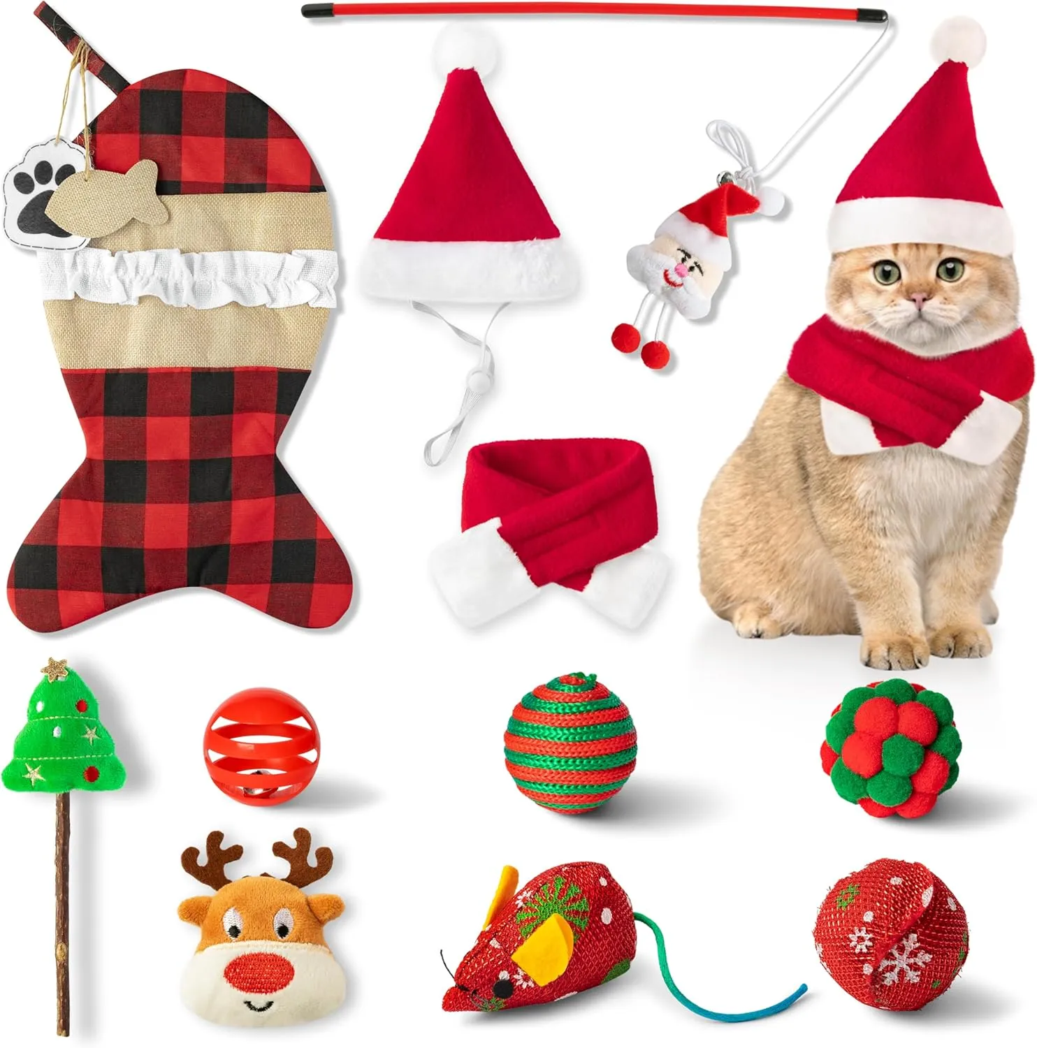 MALLMALL6 Christmas Cat Stocking Toys Costumes 11Pcs Interactive Cats Toy Gift Set with Santa Hat Scarf Teaser Wand Mice Deer Bells Balls Xmas Tree for Cat, Hanging Burlap Plaid Fish Sock for Pet
