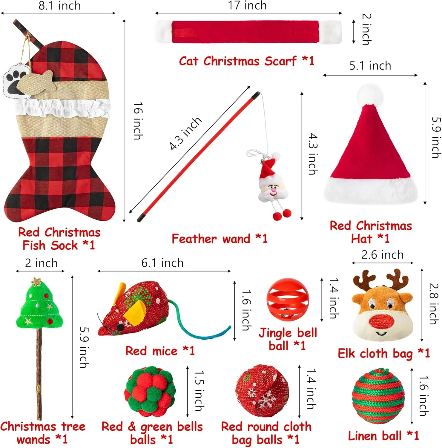 MALLMALL6 Christmas Cat Stocking Toys Costumes 11Pcs Interactive Cats Toy Gift Set with Santa Hat Scarf Teaser Wand Mice Deer Bells Balls Xmas Tree for Cat, Hanging Burlap Plaid Fish Sock for Pet