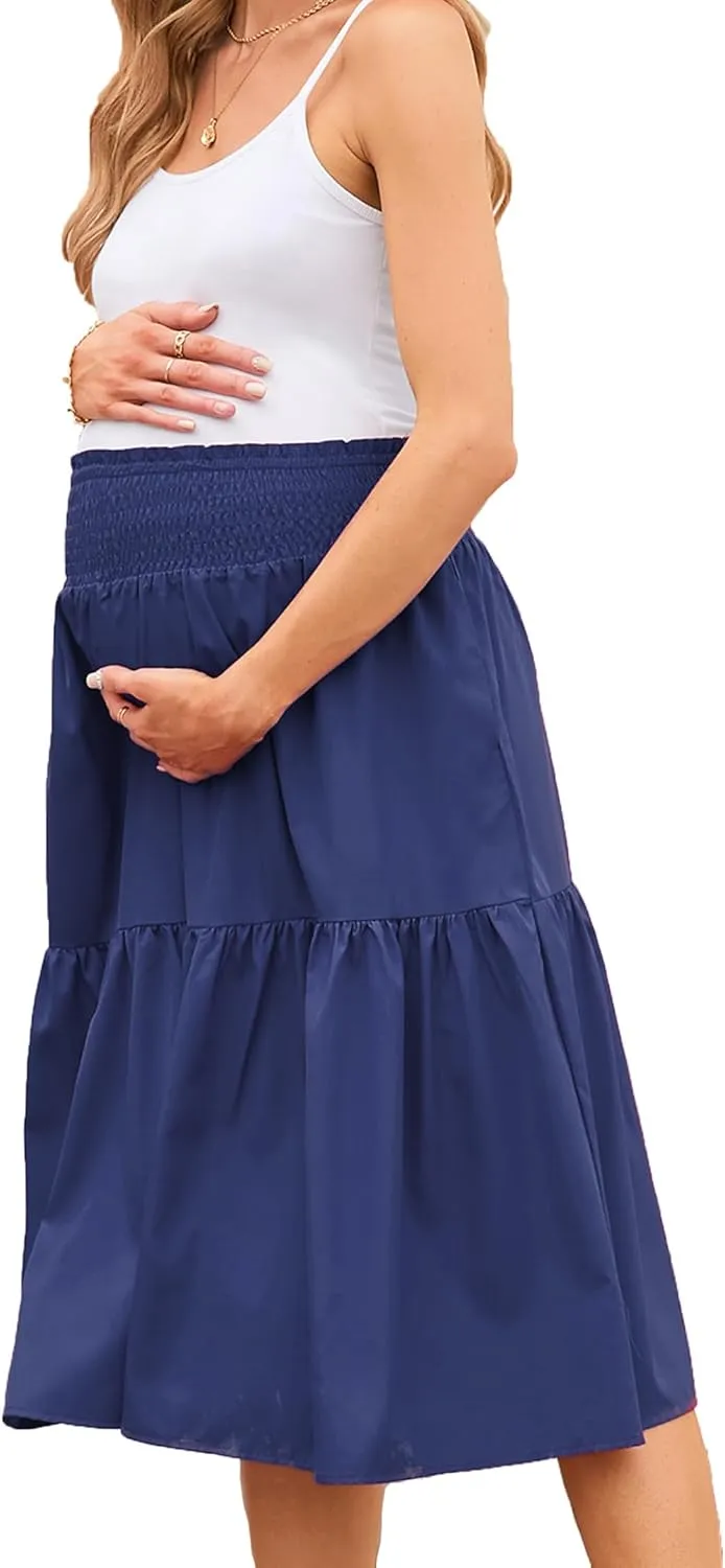 Maternity Skirt Casual High Waist Flowy Swing A Line Skirt with Pockets
