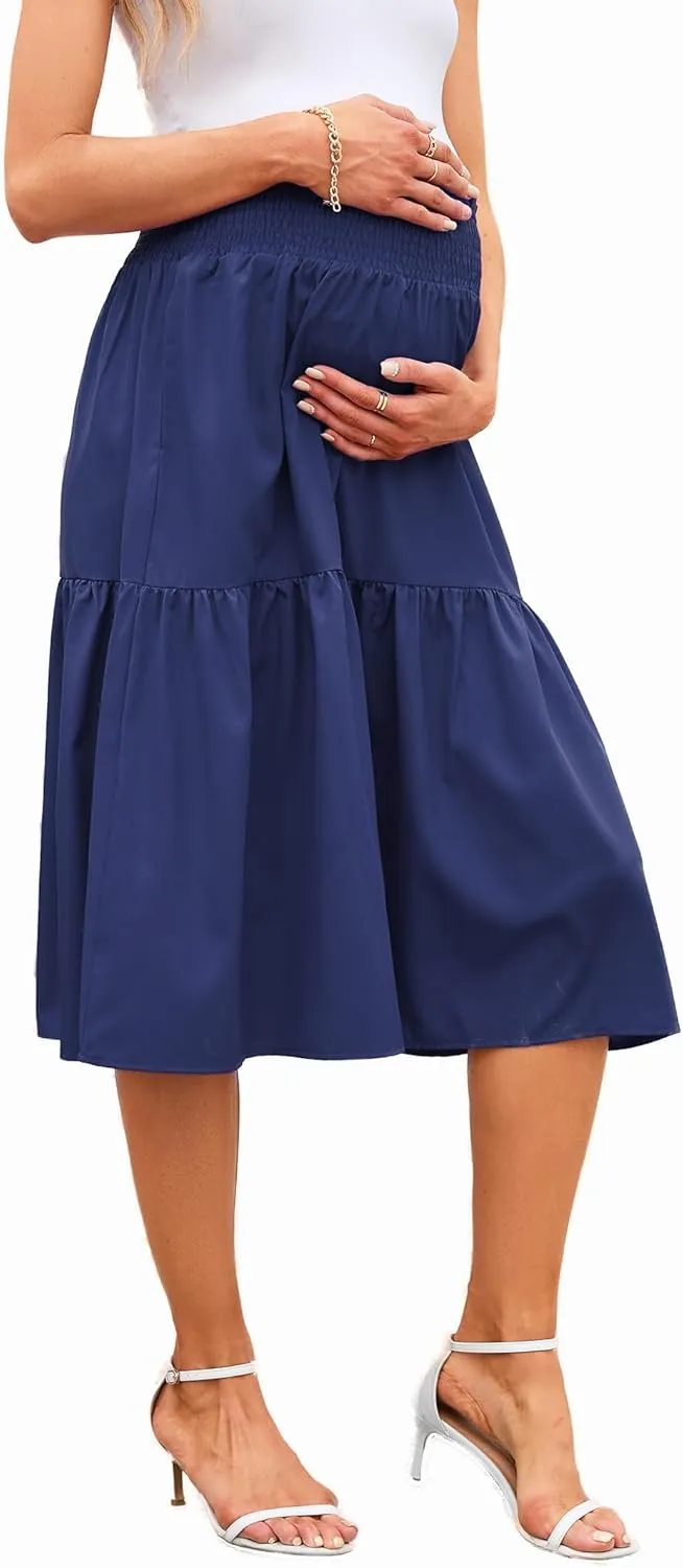 Maternity Skirt Casual High Waist Flowy Swing A Line Skirt with Pockets