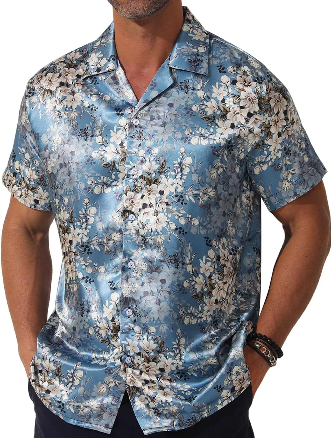 Men Hawaiian Shirt Satin Floral Printed Dress Shirt Cuban Collared Casual Short Sleeve Button Down Shirt