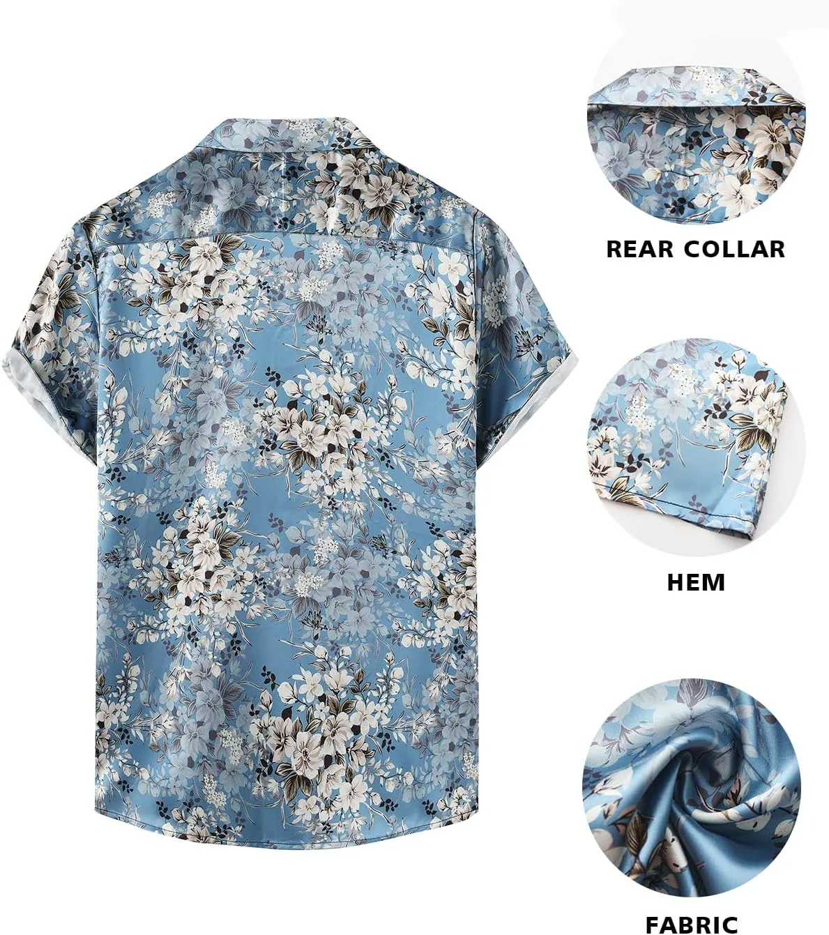 Men Hawaiian Shirt Satin Floral Printed Dress Shirt Cuban Collared Casual Short Sleeve Button Down Shirt