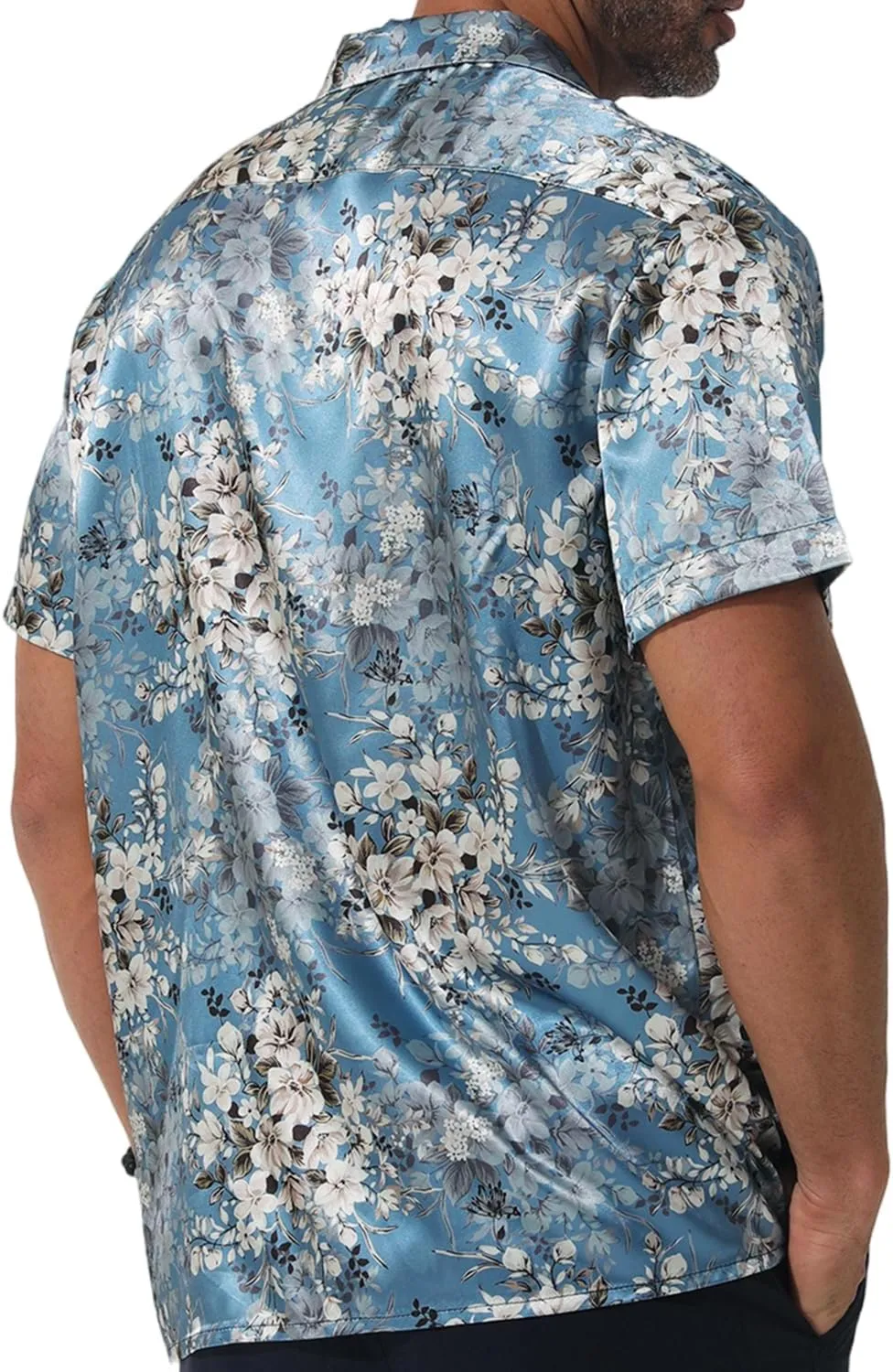 Men Hawaiian Shirt Satin Floral Printed Dress Shirt Cuban Collared Casual Short Sleeve Button Down Shirt