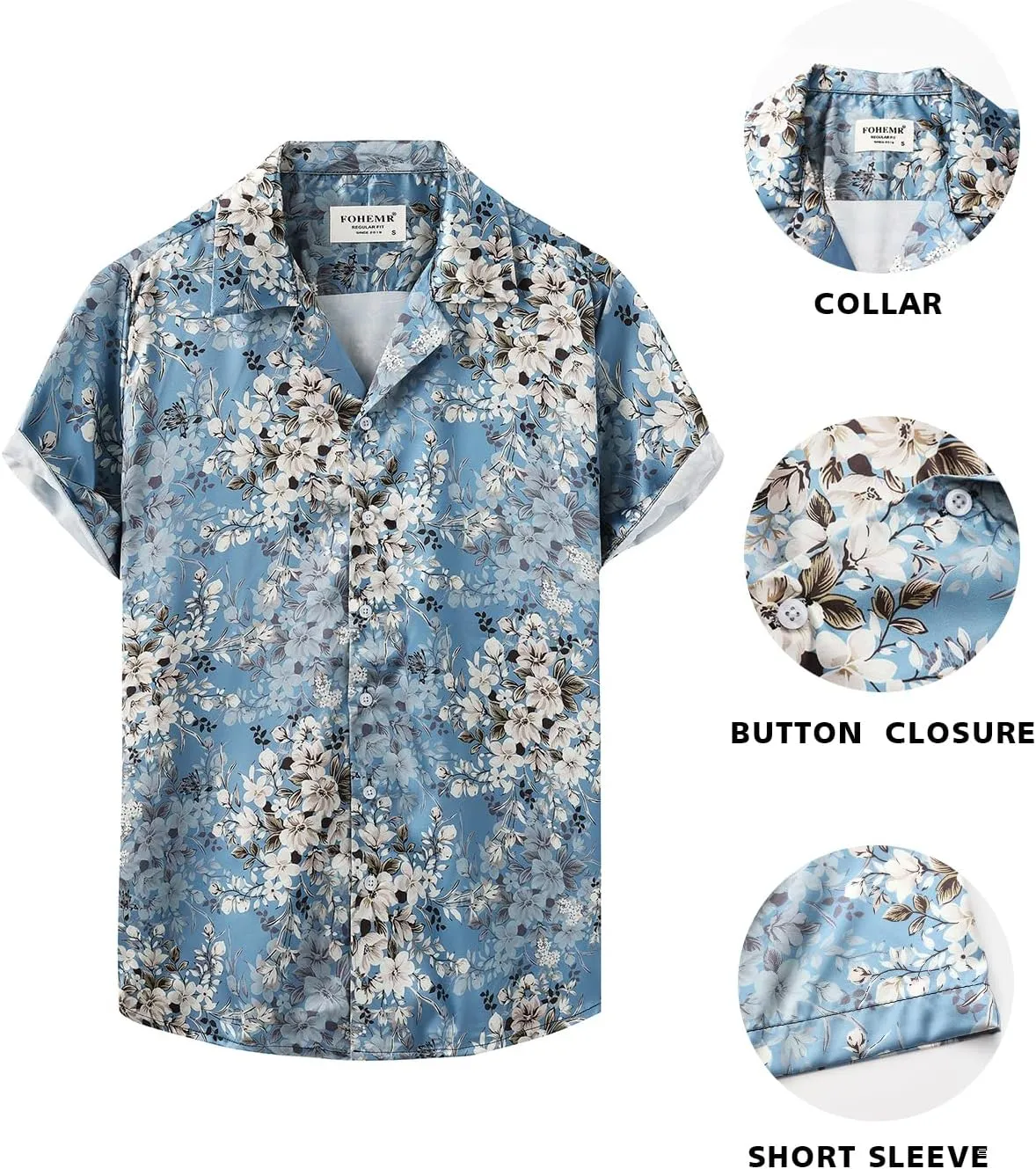 Men Hawaiian Shirt Satin Floral Printed Dress Shirt Cuban Collared Casual Short Sleeve Button Down Shirt