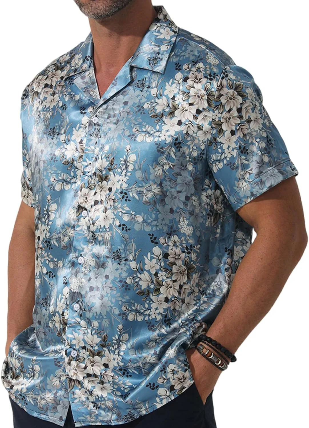 Men Hawaiian Shirt Satin Floral Printed Dress Shirt Cuban Collared Casual Short Sleeve Button Down Shirt