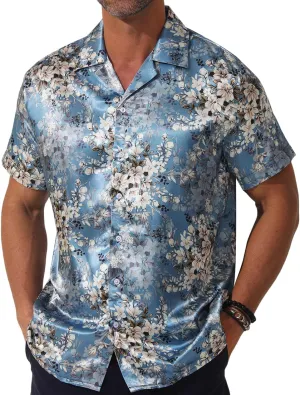Men Hawaiian Shirt Satin Floral Printed Dress Shirt Cuban Collared Casual Short Sleeve Button Down Shirt