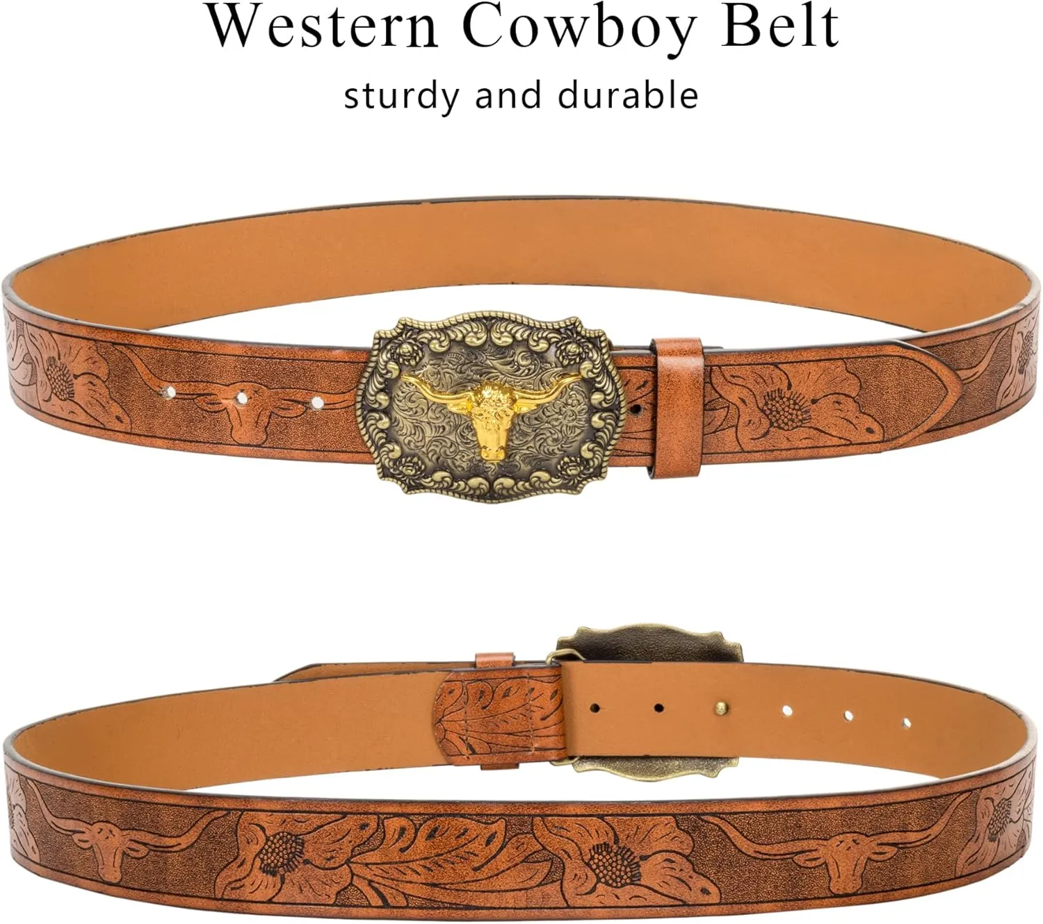 Men Women-Western-Cowboy-Leather-Belts - Longhorn Bull Pattern Buckle Belt Floral Engraved Buckle Belt for Jeans