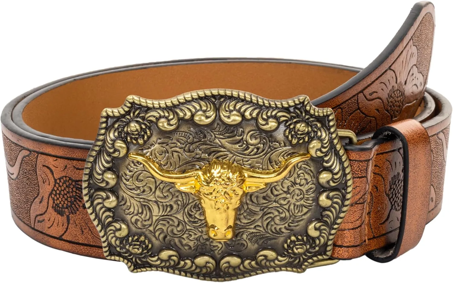 Men Women-Western-Cowboy-Leather-Belts - Longhorn Bull Pattern Buckle Belt Floral Engraved Buckle Belt for Jeans
