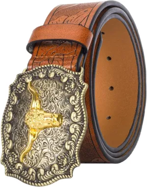 Men Women-Western-Cowboy-Leather-Belts - Longhorn Bull Pattern Buckle Belt Floral Engraved Buckle Belt for Jeans