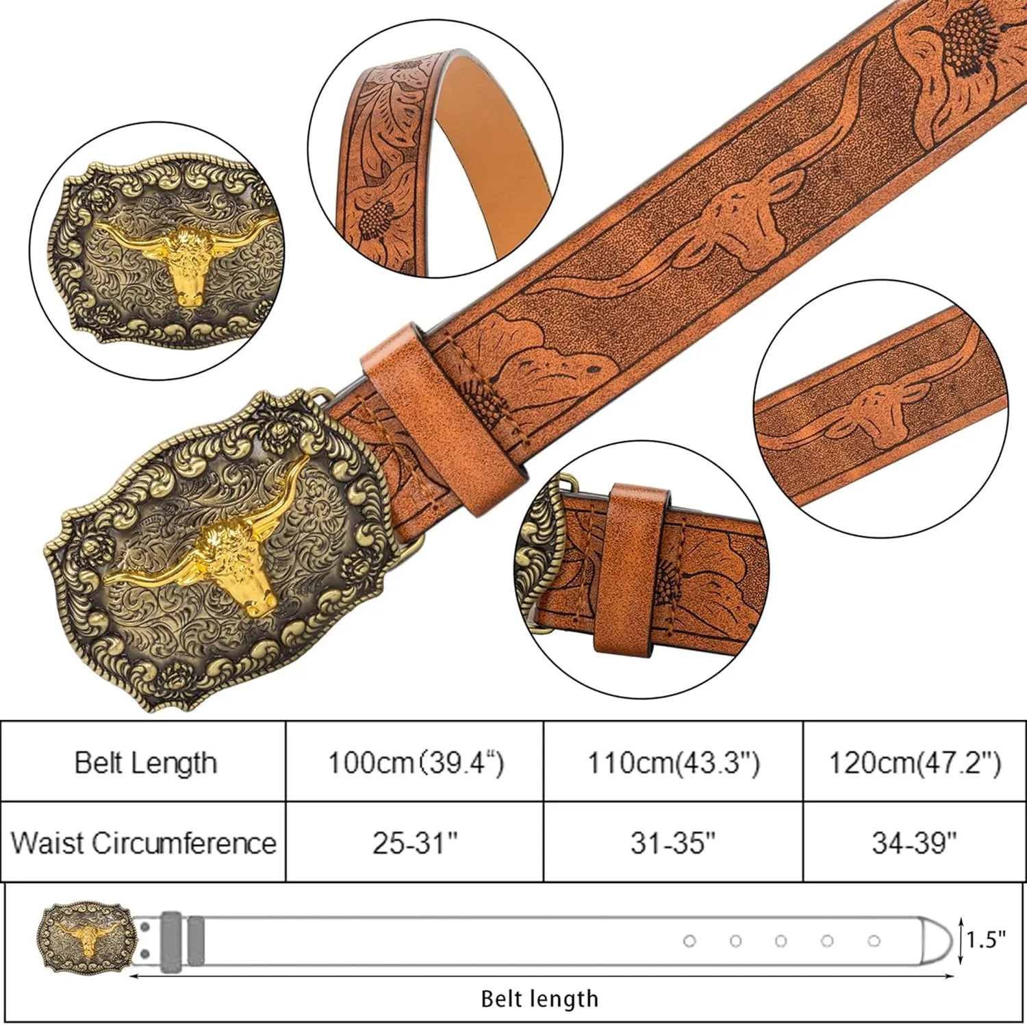 Men Women-Western-Cowboy-Leather-Belts - Longhorn Bull Pattern Buckle Belt Floral Engraved Buckle Belt for Jeans