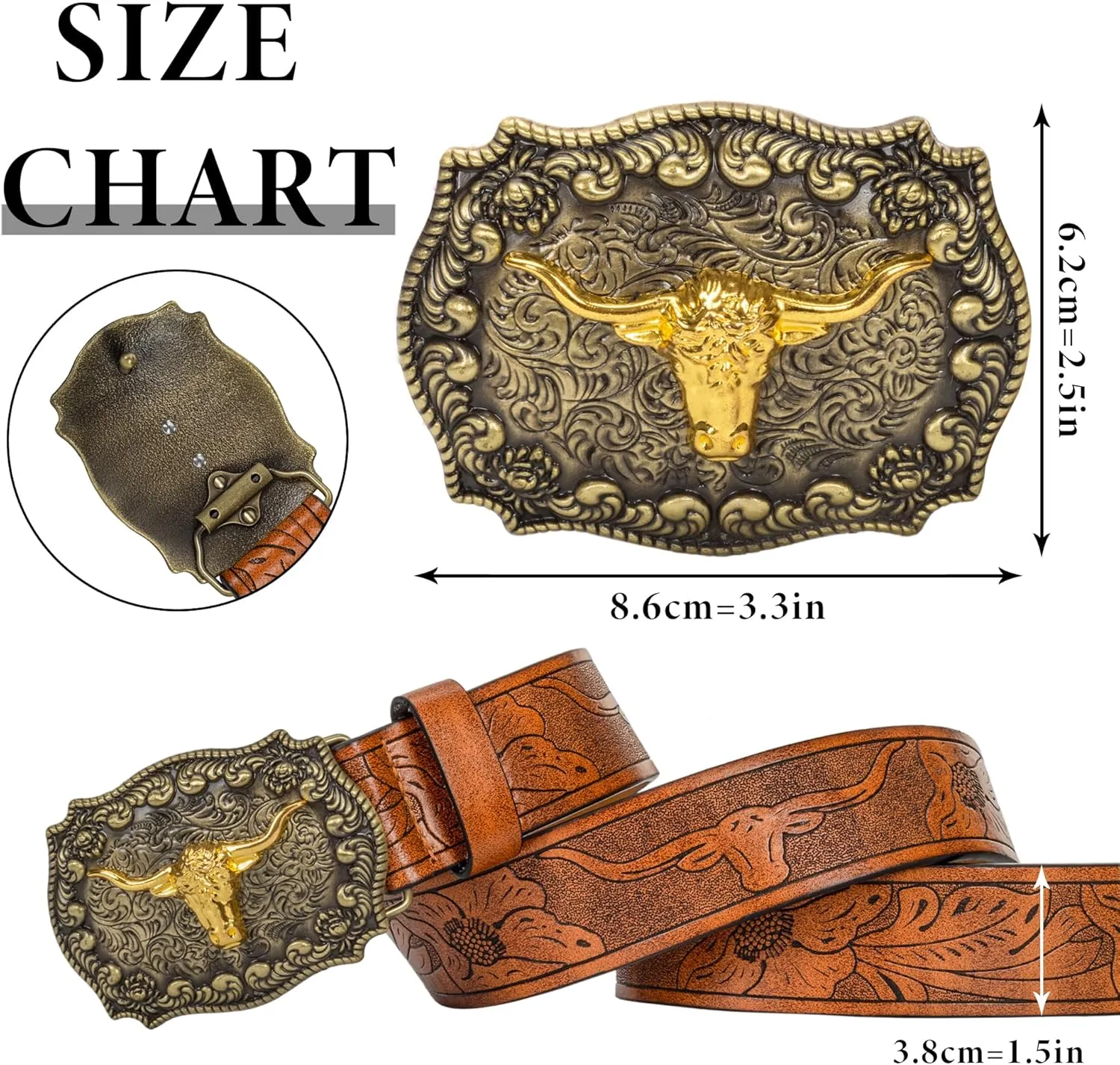 Men Women-Western-Cowboy-Leather-Belts - Longhorn Bull Pattern Buckle Belt Floral Engraved Buckle Belt for Jeans