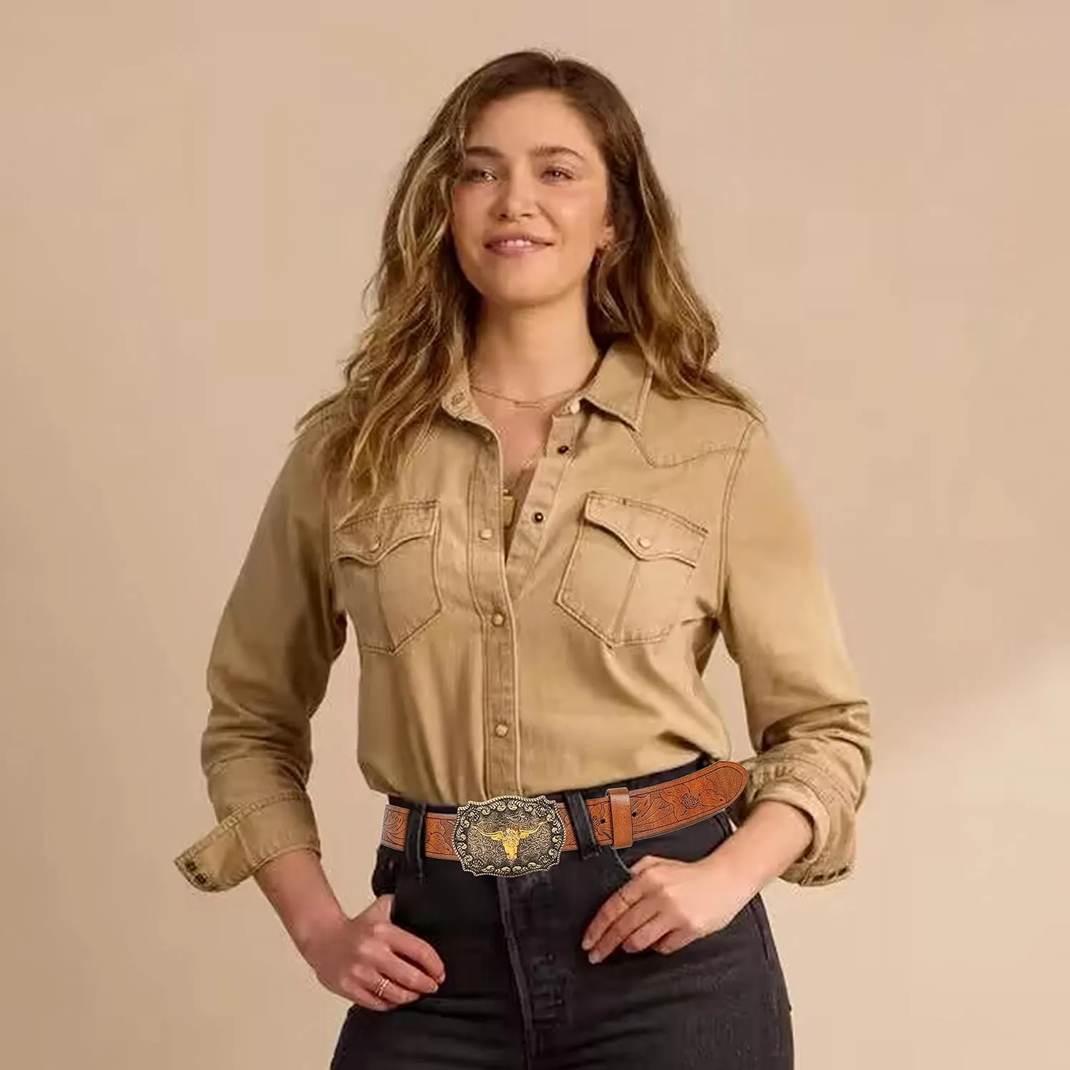 Men Women-Western-Cowboy-Leather-Belts - Longhorn Bull Pattern Buckle Belt Floral Engraved Buckle Belt for Jeans