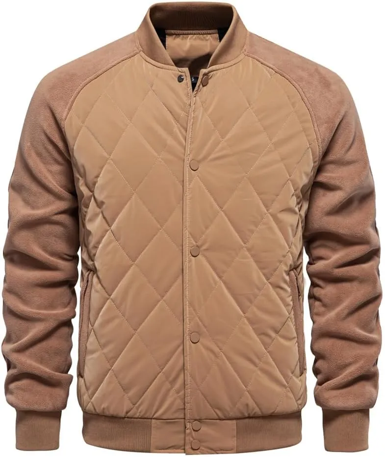 Mens Bomber Jackets Diamond Quilted Puffer Jacket Fall Winter Warm Padded Coats Rib Varsity Lightweight Coat Pockets