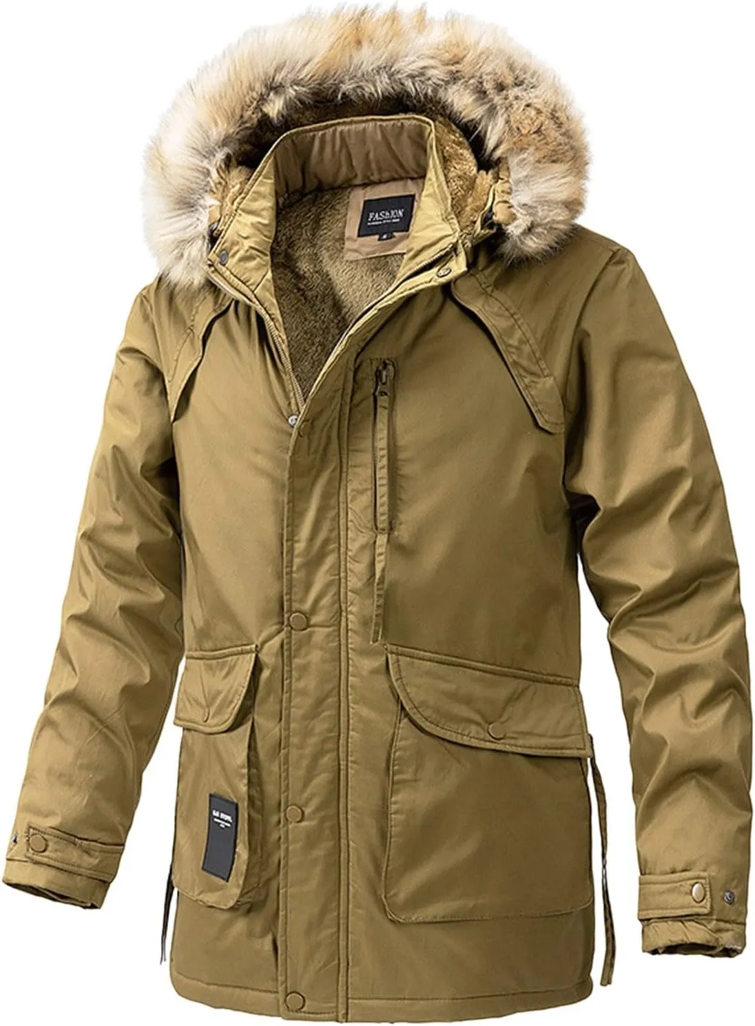 Men's Cargo Jacket 2024 Winter Warm Coats Fleece Lined Jackets with Removable Hood Ski Snow Mountain Windproof Overcoat