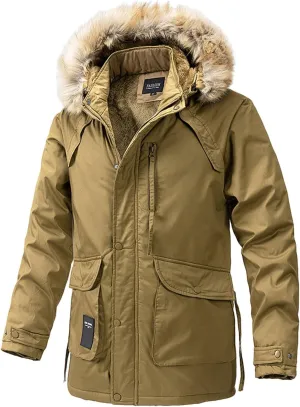 Men's Cargo Jacket 2024 Winter Warm Coats Fleece Lined Jackets with Removable Hood Ski Snow Mountain Windproof Overcoat