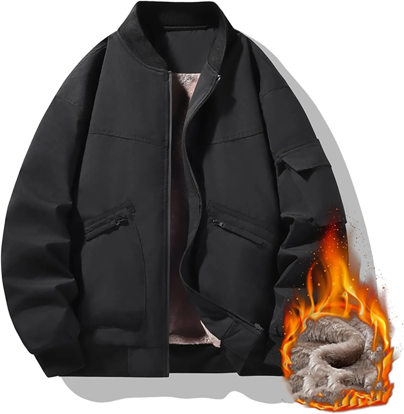 Mens Fleece Bomber Jacket Casual Plaid Jacquard Varsity Jacket Coat Zipper Pockets Windbreaker Softshell Jacket